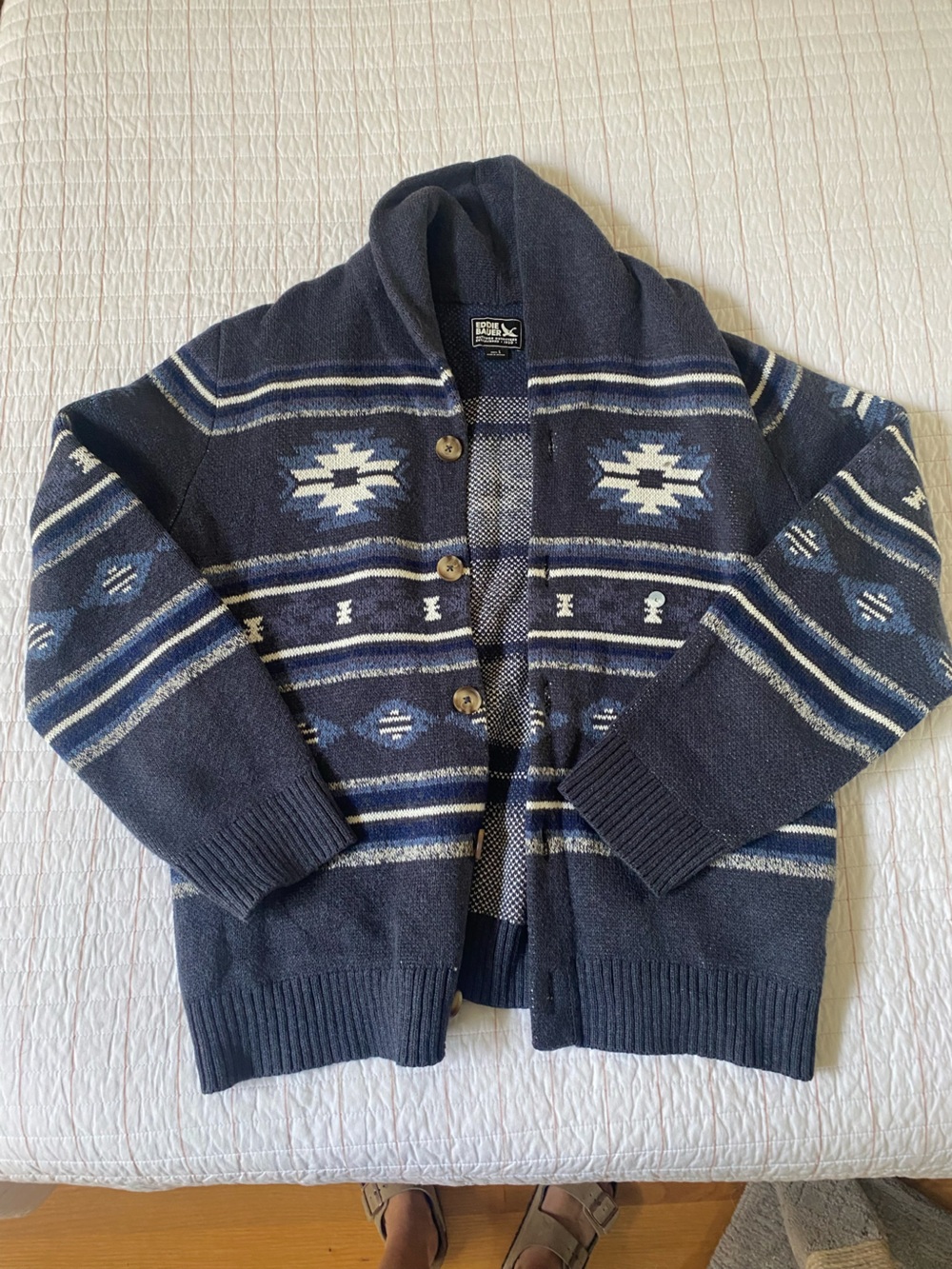 Eddie Bauer 100% Cotton Navy Blue Patterned Shawl-Collar Cardigan, Men’s Large